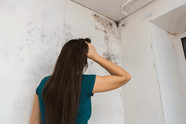 woman staring at moldy wall